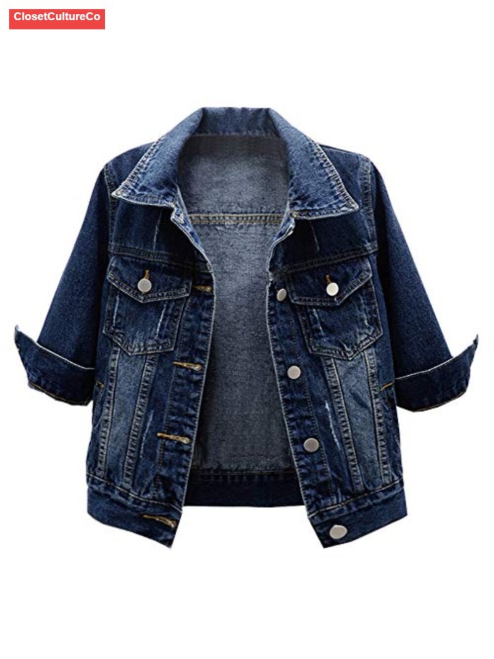 Women's 3/4 Sleeve Cropped Denim Jean Jacket Lightweight Layering